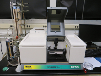 Bio-Rad Excalibur FTIR spectrometer with liquid N2 cooled MCT detector and Harrick Scientific VariGATR Grazing Angle Accessory for surface IR analysis.