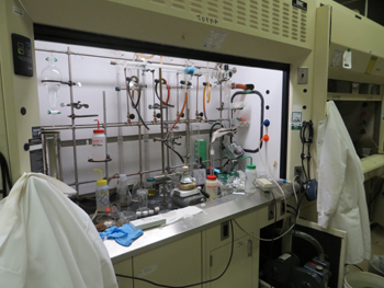 Synthetic chemical fume hoods with custom made Schlenk lines for anhydrous and air-free chemistry.