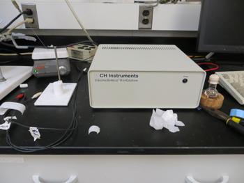 CH Instruments 440A potentiostat for general electrochemistry and EQCM.